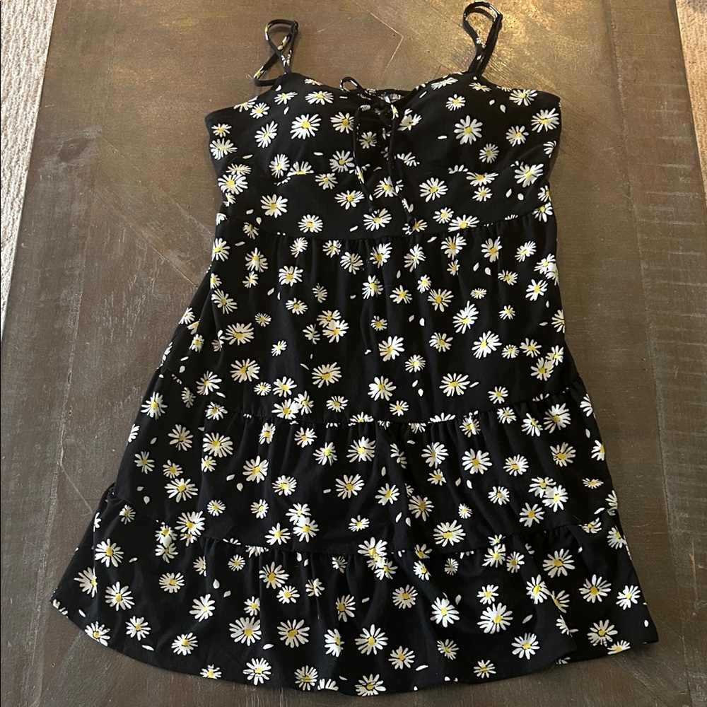 No Boundaries Black Daisy Tiered Sundress with Spaghetti Straps